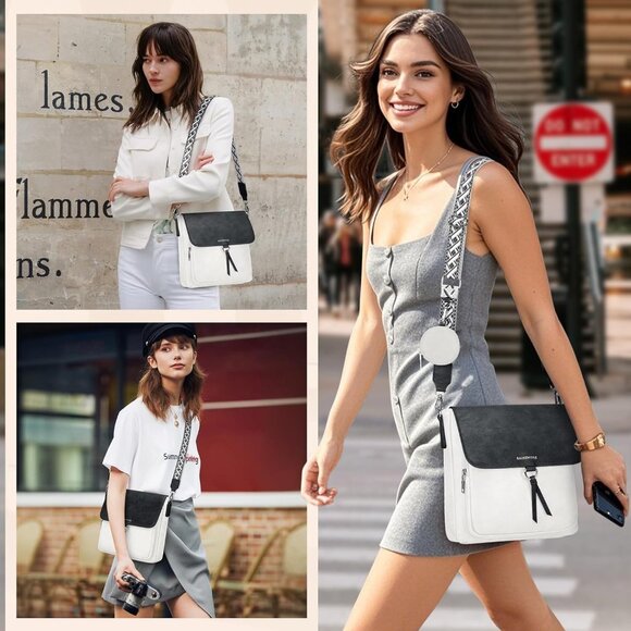 🆕 Women White PU Leather Crossbody Purses Adjustable Wide Strap Shouler Bag - Picture 7 of 8